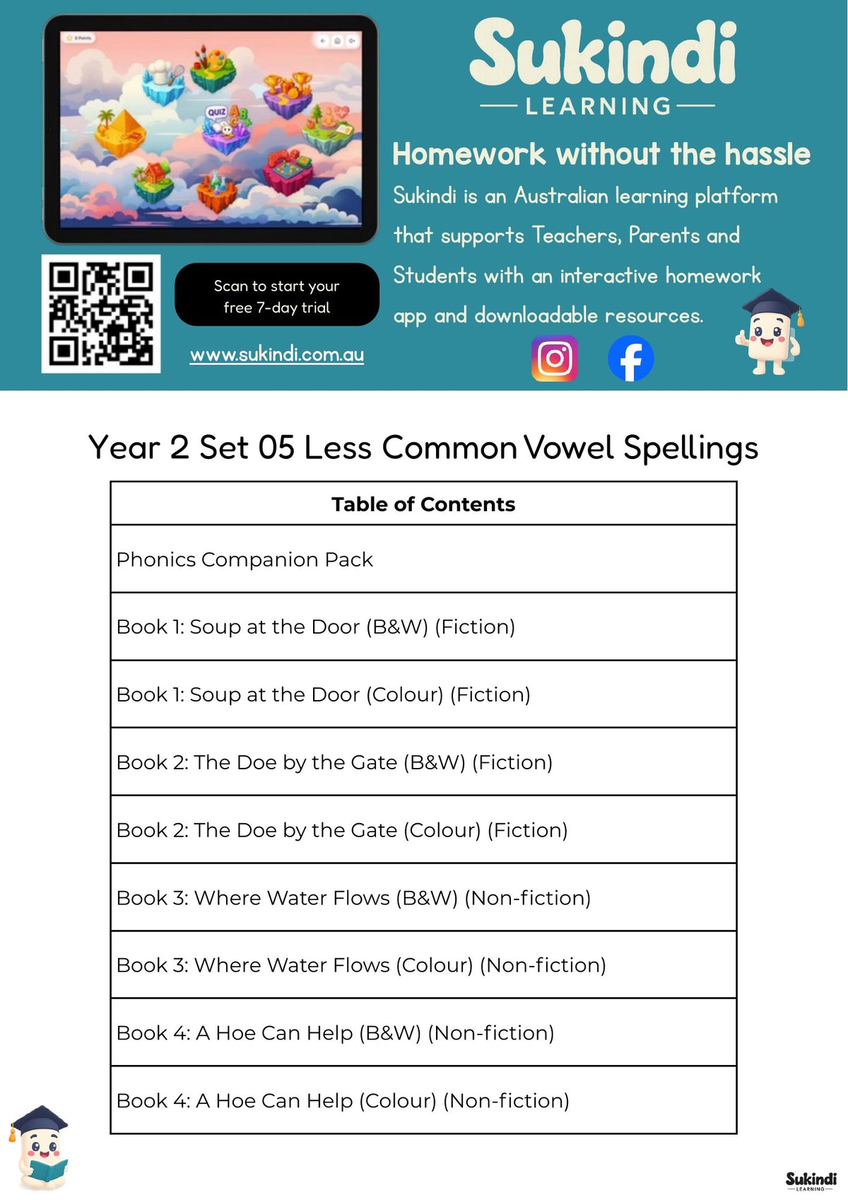 Year 2 Set 05 Decodable Readers - Less common vowel spellings, including oe, ou and ough — table of contents