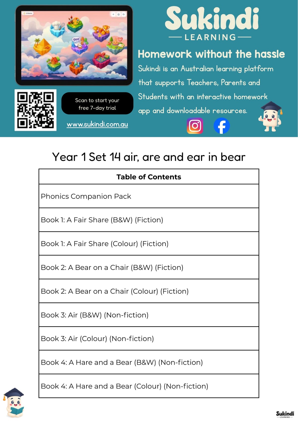 Year 1 Set 14 Decodable Readers - air, are in care and ear in bear — table of contents