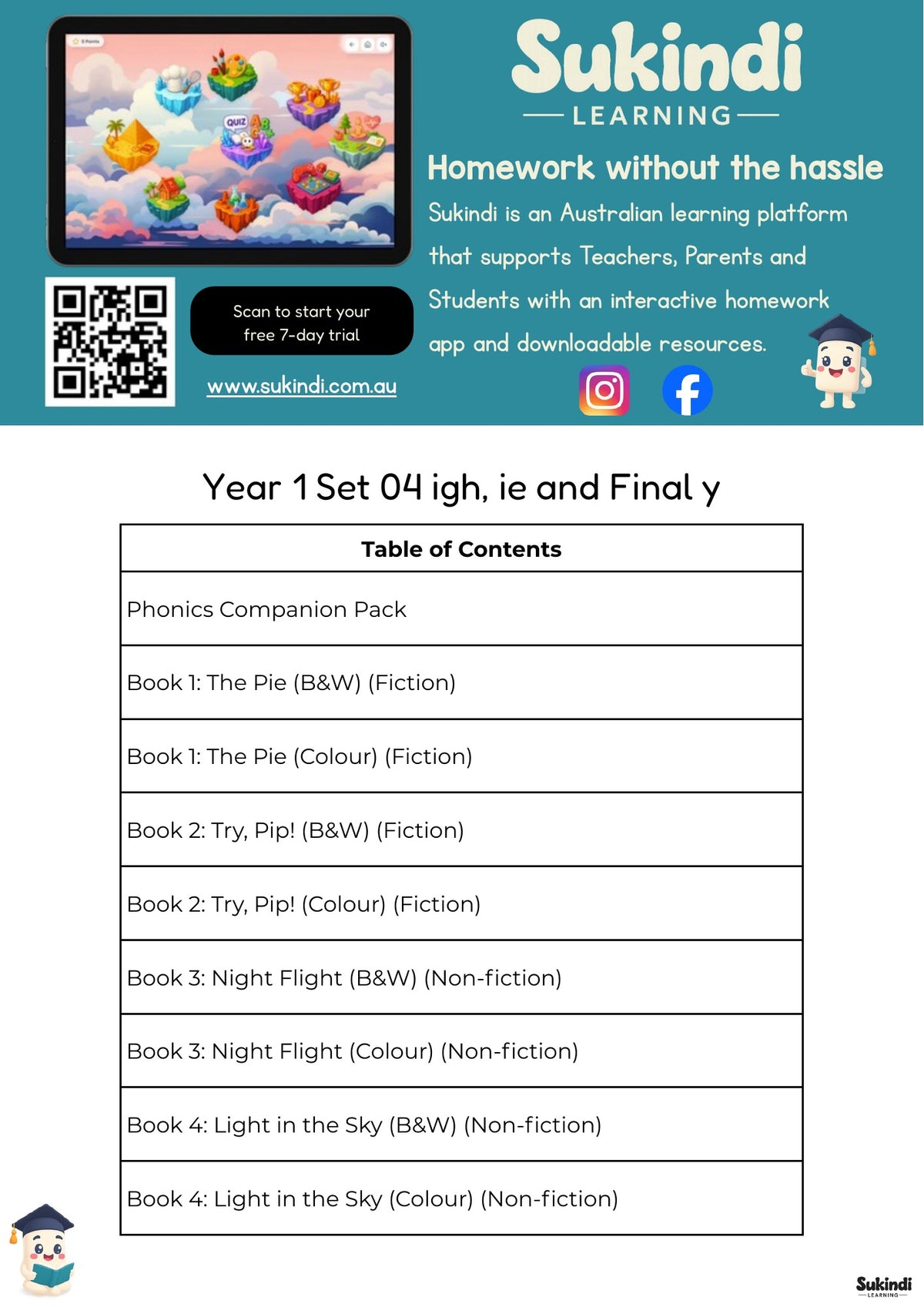 Year 1 Set 04 Decodable Readers - igh, ie in tie, final y and the pronoun I — table of contents