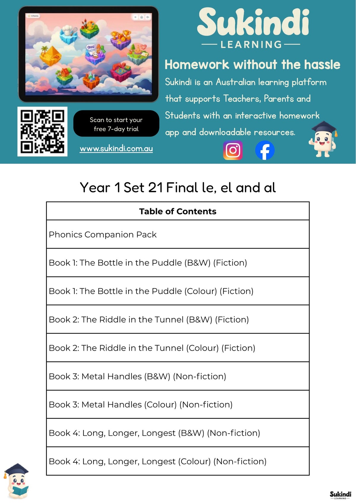 Year 1 Set 21 Decodable Readers - Final le, el and al, with n before pronounced g — table of contents