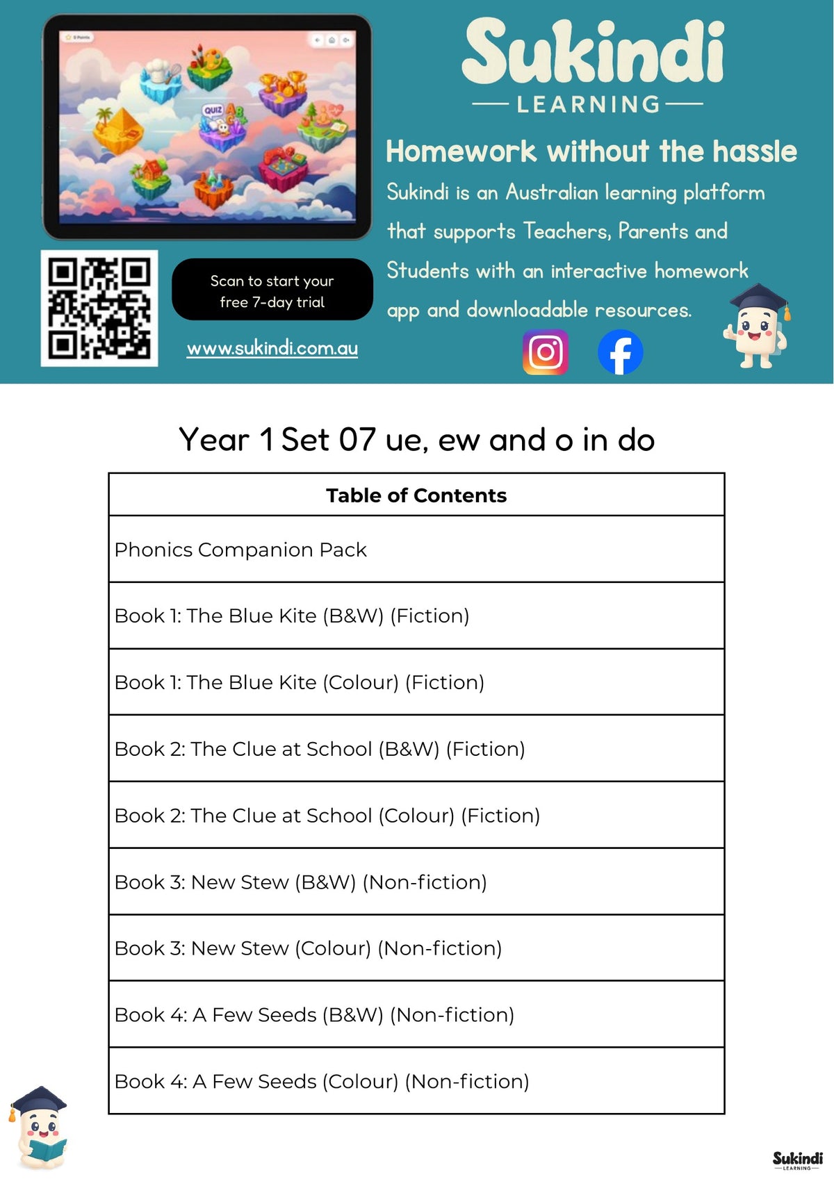 Year 1 Set 07 Decodable Readers - ue and ew, with o in do and to — table of contents