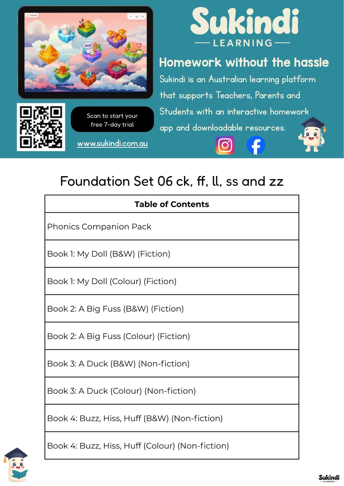 Foundation Set 06 Decodable Readers - Two letters for one consonant sound: ck, ff, ll, ss and zz — table of contents