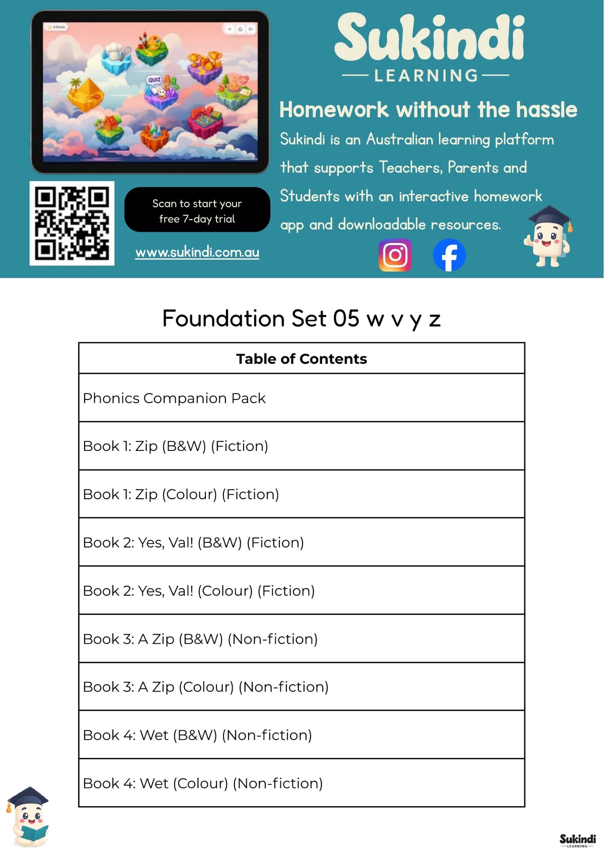 Foundation Set 05 Decodable Readers - Adding w, v, y and z, including y in yes — table of contents