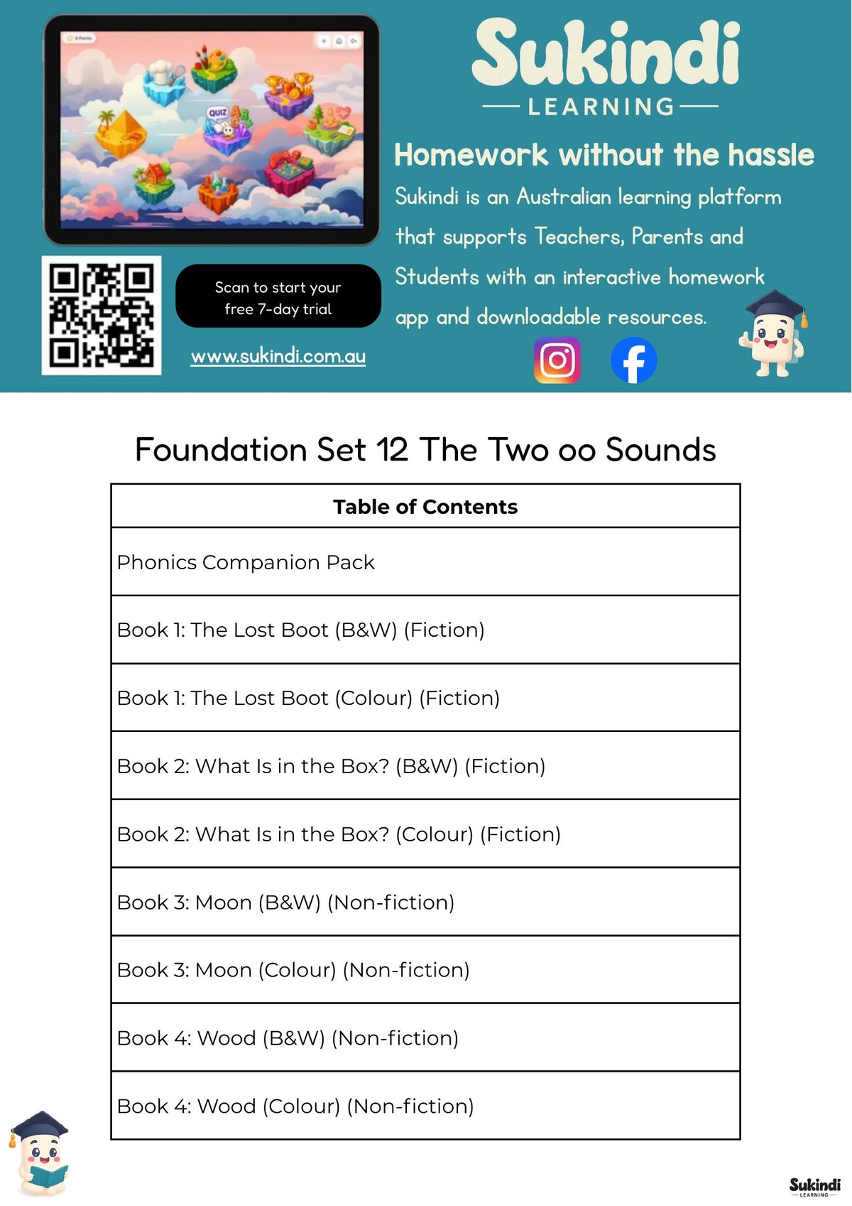 Foundation Set 12 Decodable Readers - oo in moon and oo in book — table of contents