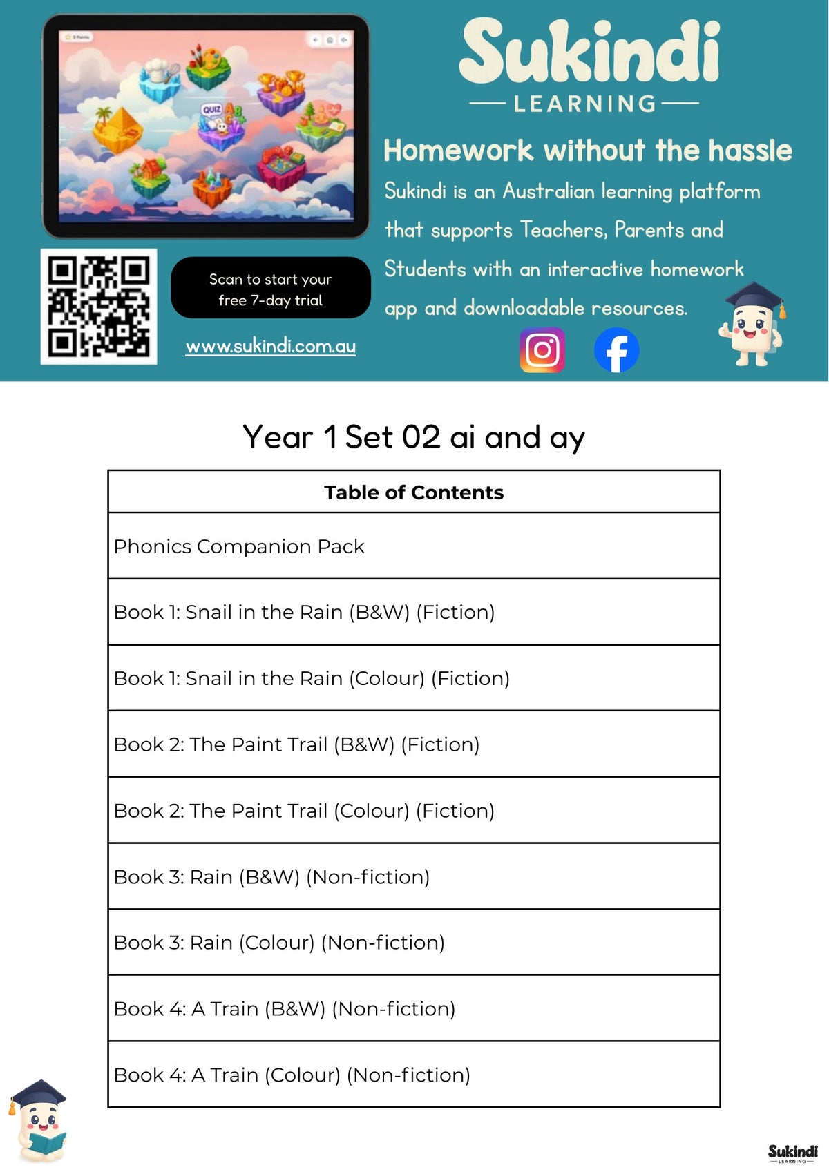 Year 1 Set 02 Decodable Readers - ai and review of ay — table of contents
