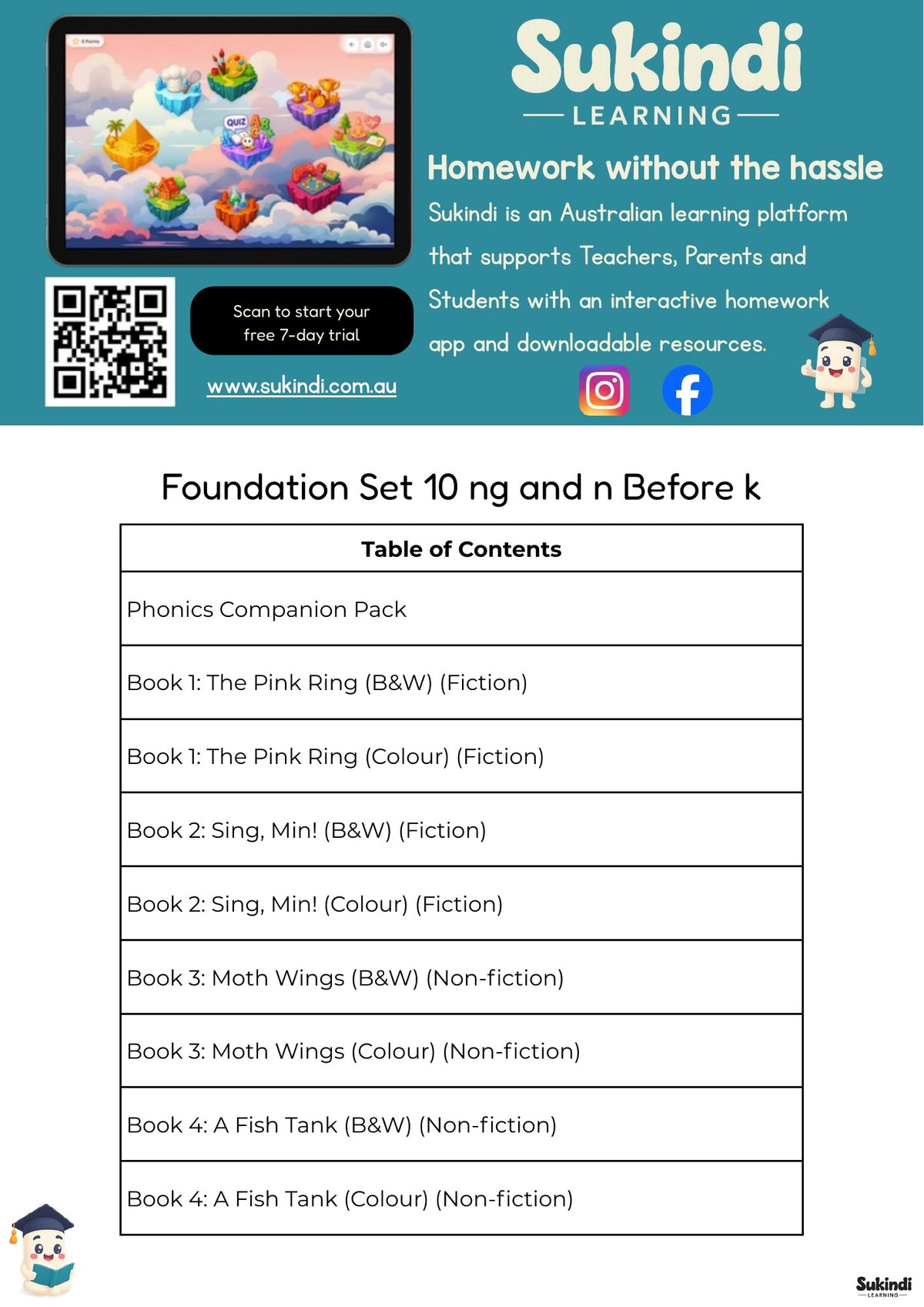 Foundation Set 10 Decodable Readers - ng and the n sound before k — table of contents