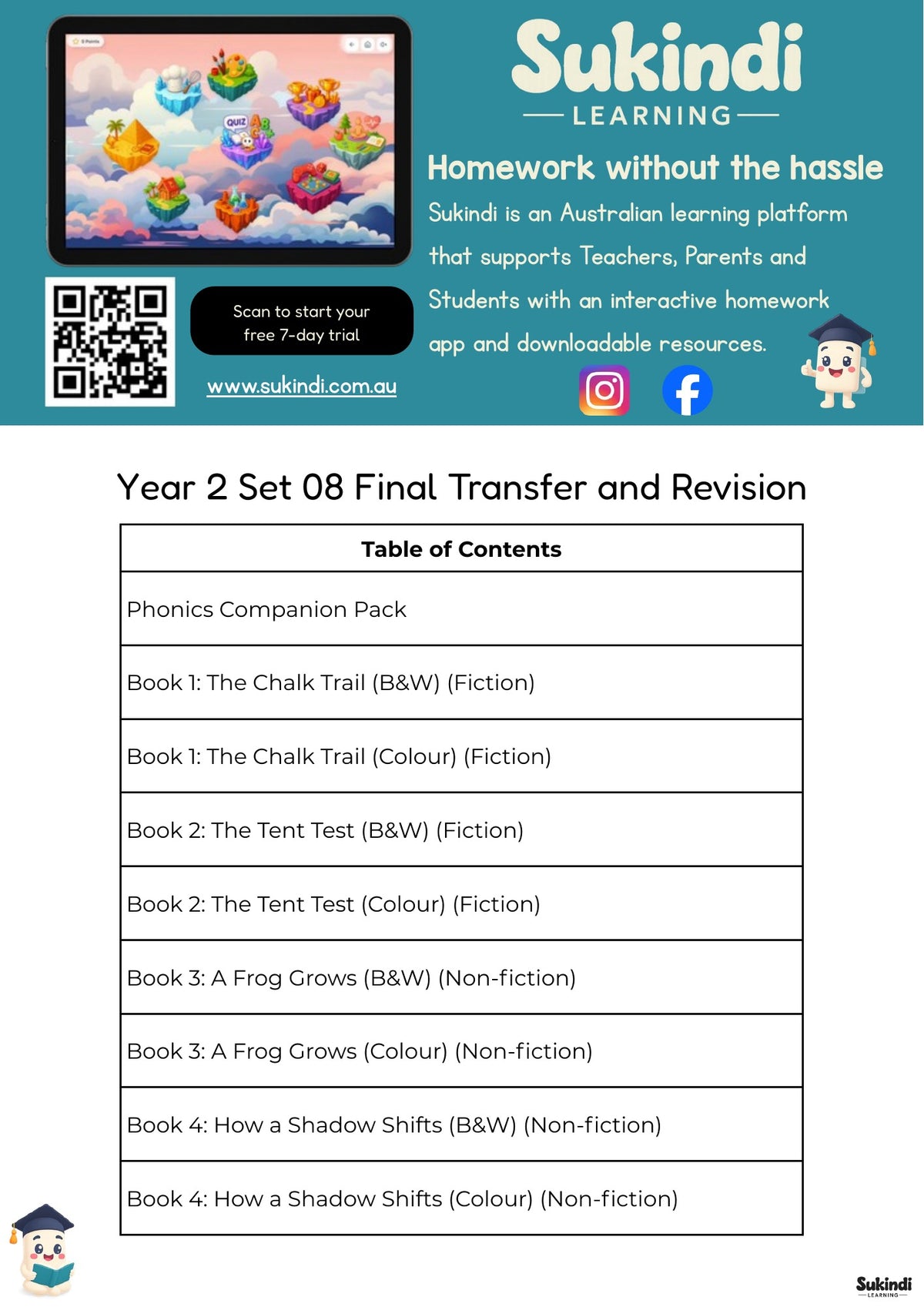 Year 2 Set 08 Decodable Readers - Final transfer and targeted revision — table of contents