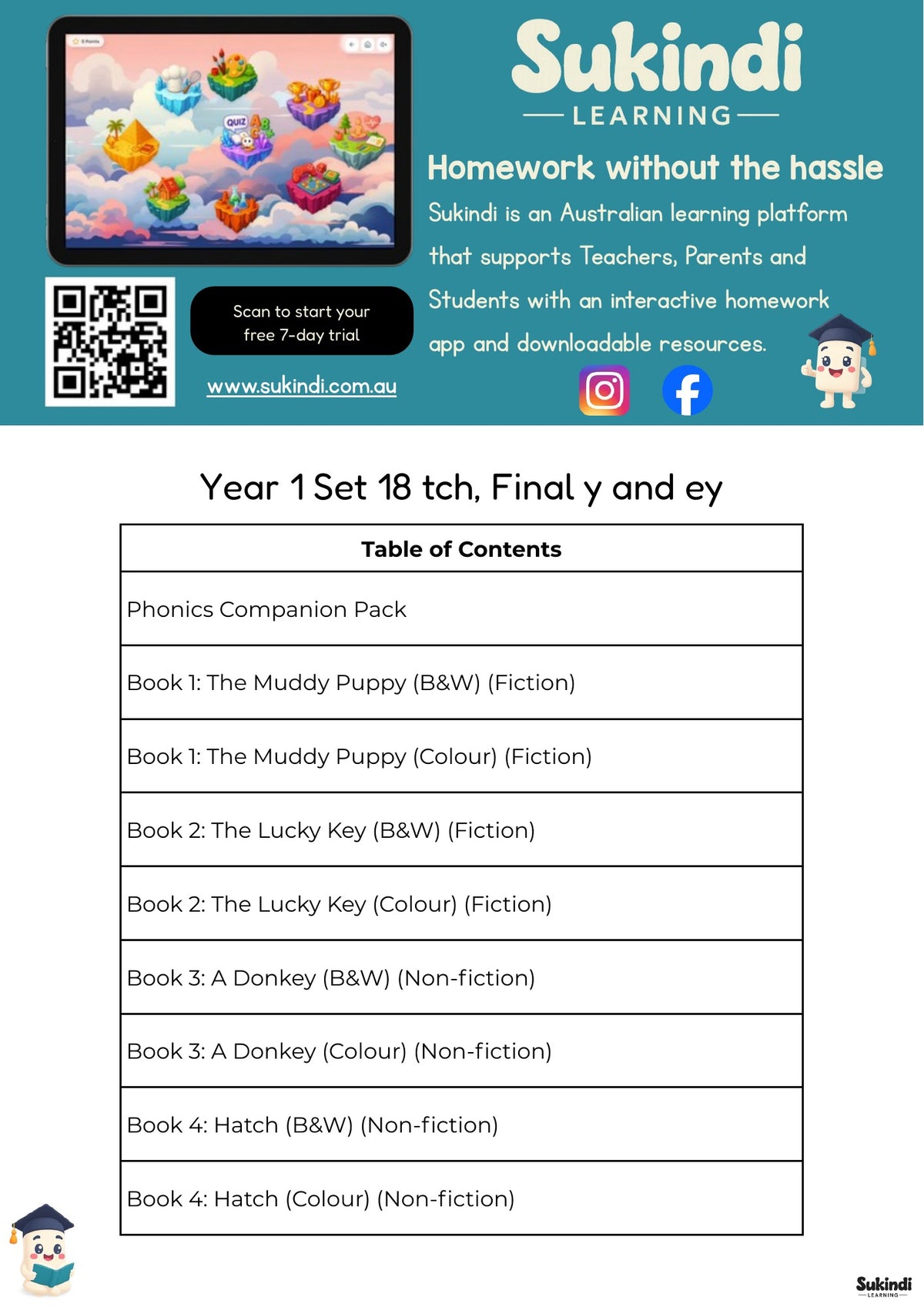 Year 1 Set 18 Decodable Readers - tch and final y and ey for ee — table of contents