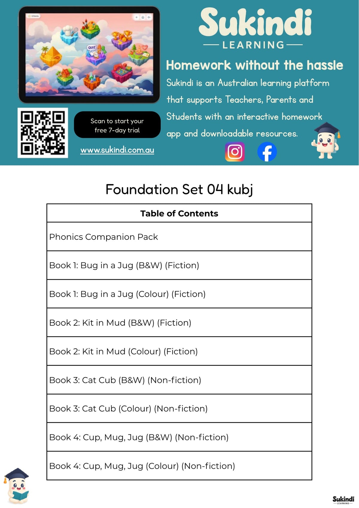 Foundation Set 04 Decodable Readers - Completing the short vowels with k, u, b and j — table of contents
