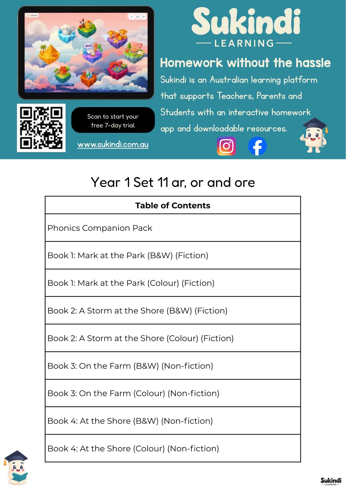 Year 1 Set 11 Decodable Readers - ar, or and ore — table of contents