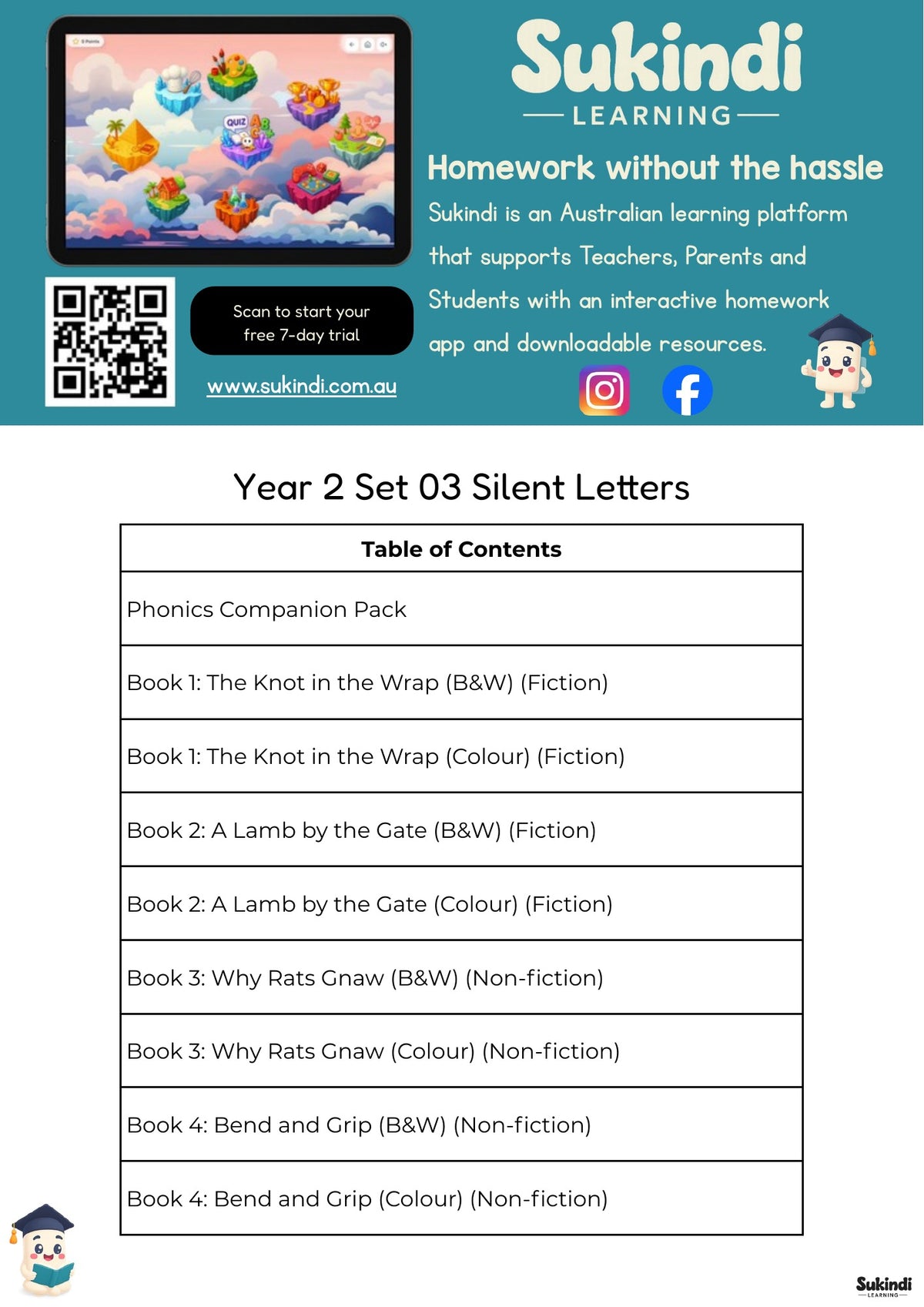 Year 2 Set 03 Decodable Readers - kn, wr, gn, mb and selected silent l and w — table of contents