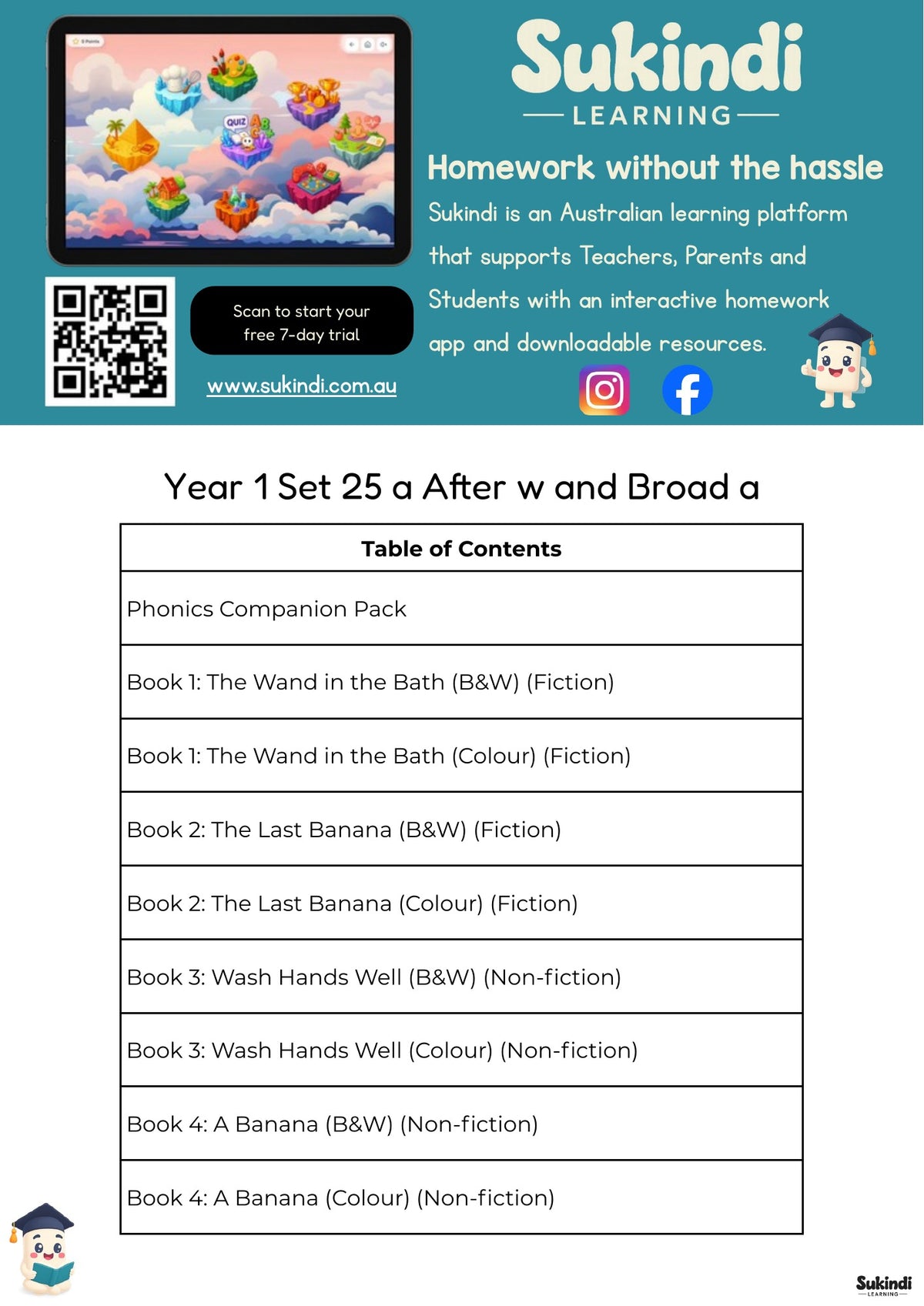 Year 1 Set 25 Decodable Readers - a after w or qu, and broad a spellings — table of contents