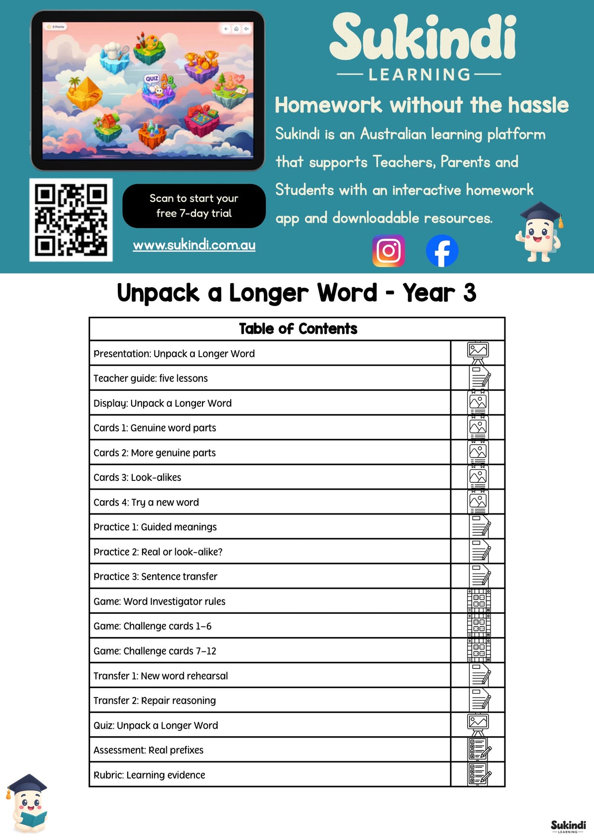 Unpack a Longer Word - Year 3 — table of contents
