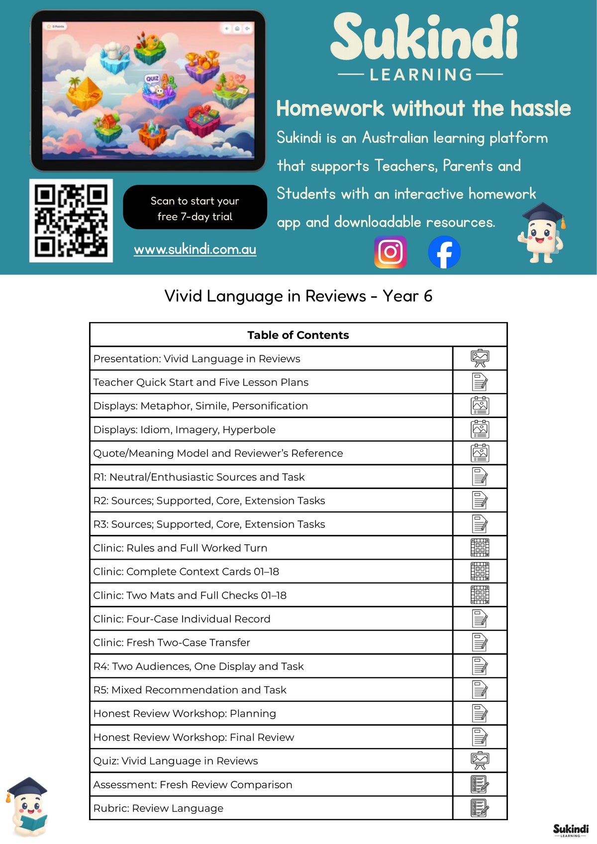 Vivid Language in Reviews - Year 6 — table of contents