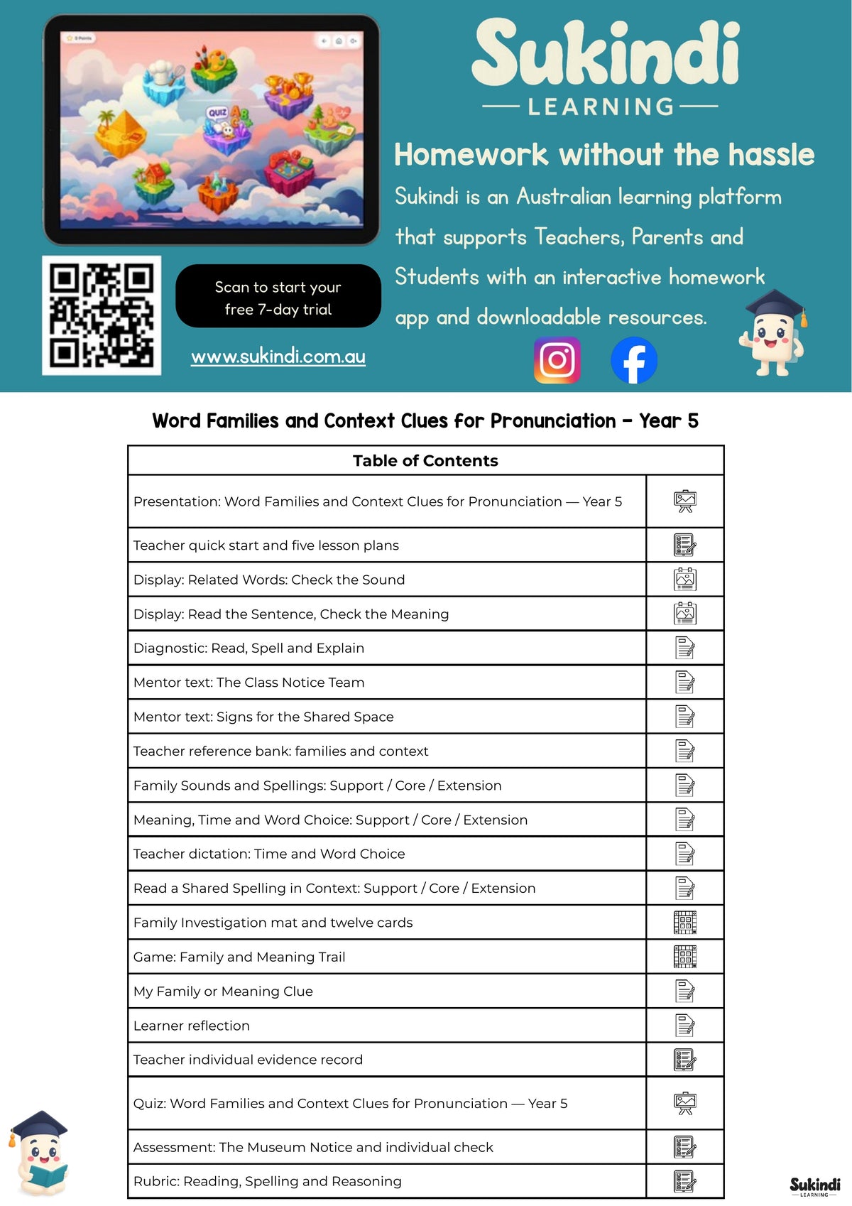 Word Families and Context Clues for Pronunciation - Year 5 — table of contents