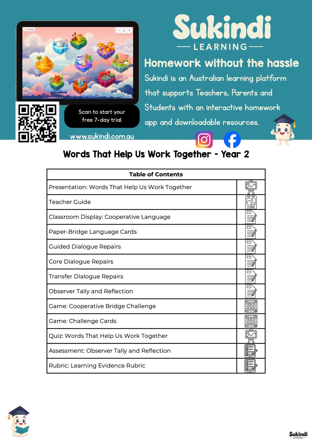 Words That Help Us Work Together - Year 2 English Unit — table of contents