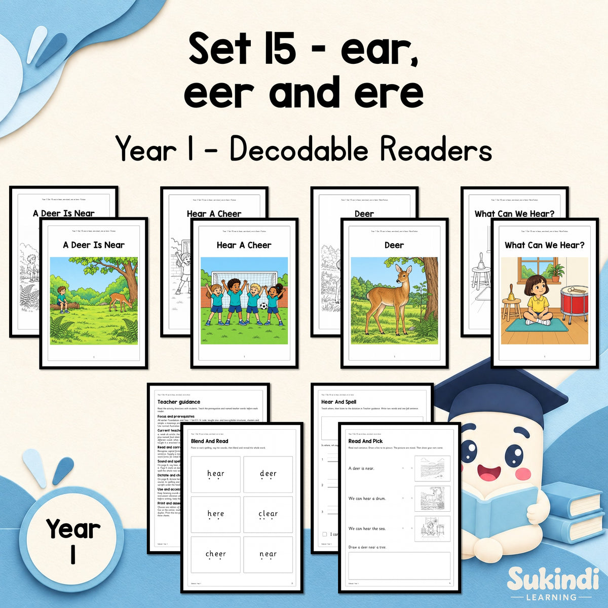 Year 1 Set 15 Decodable Readers - ear in hear, eer and ere in here — cover