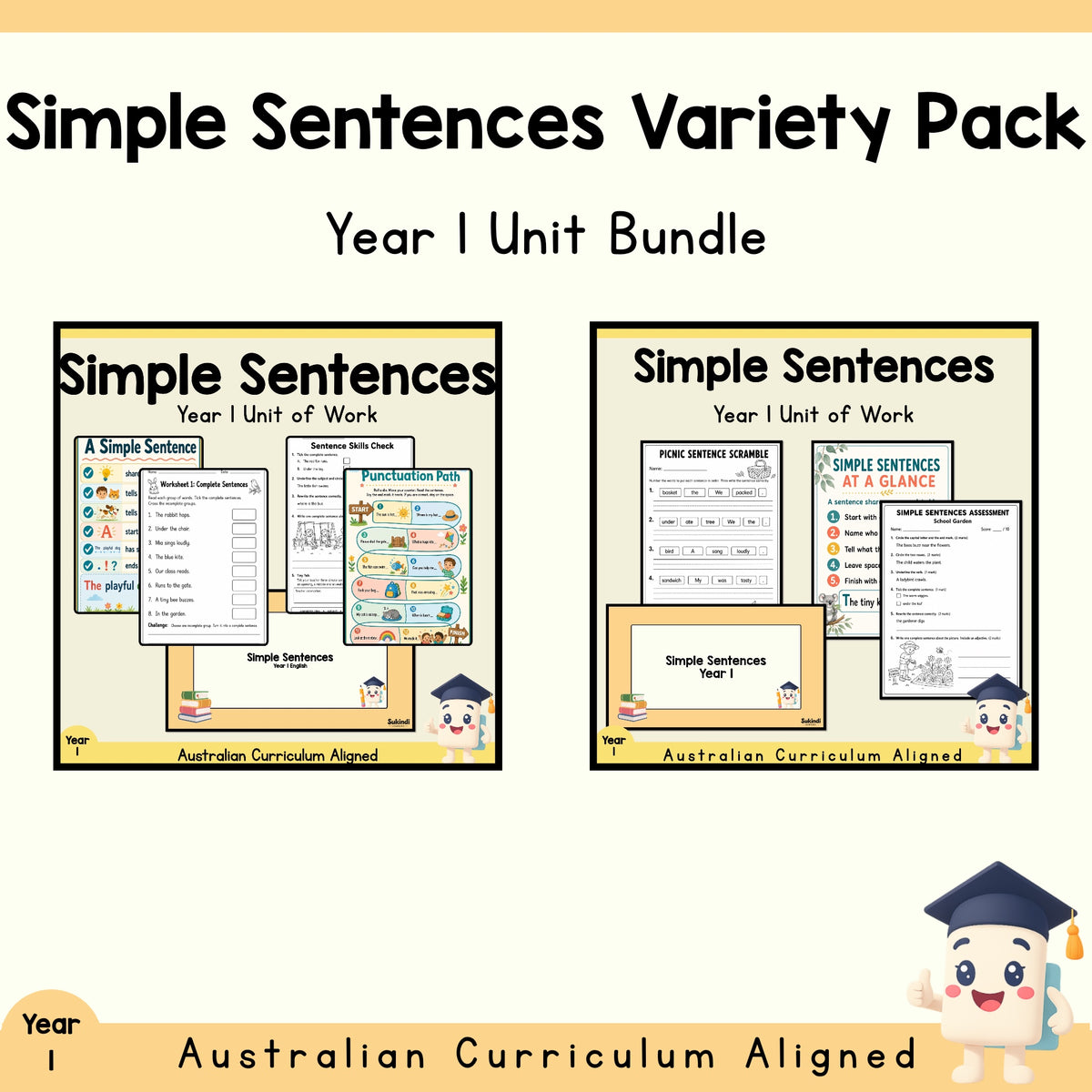 Year 1 Simple Sentences Variety Pack | 2 English Units cover showing every included unit