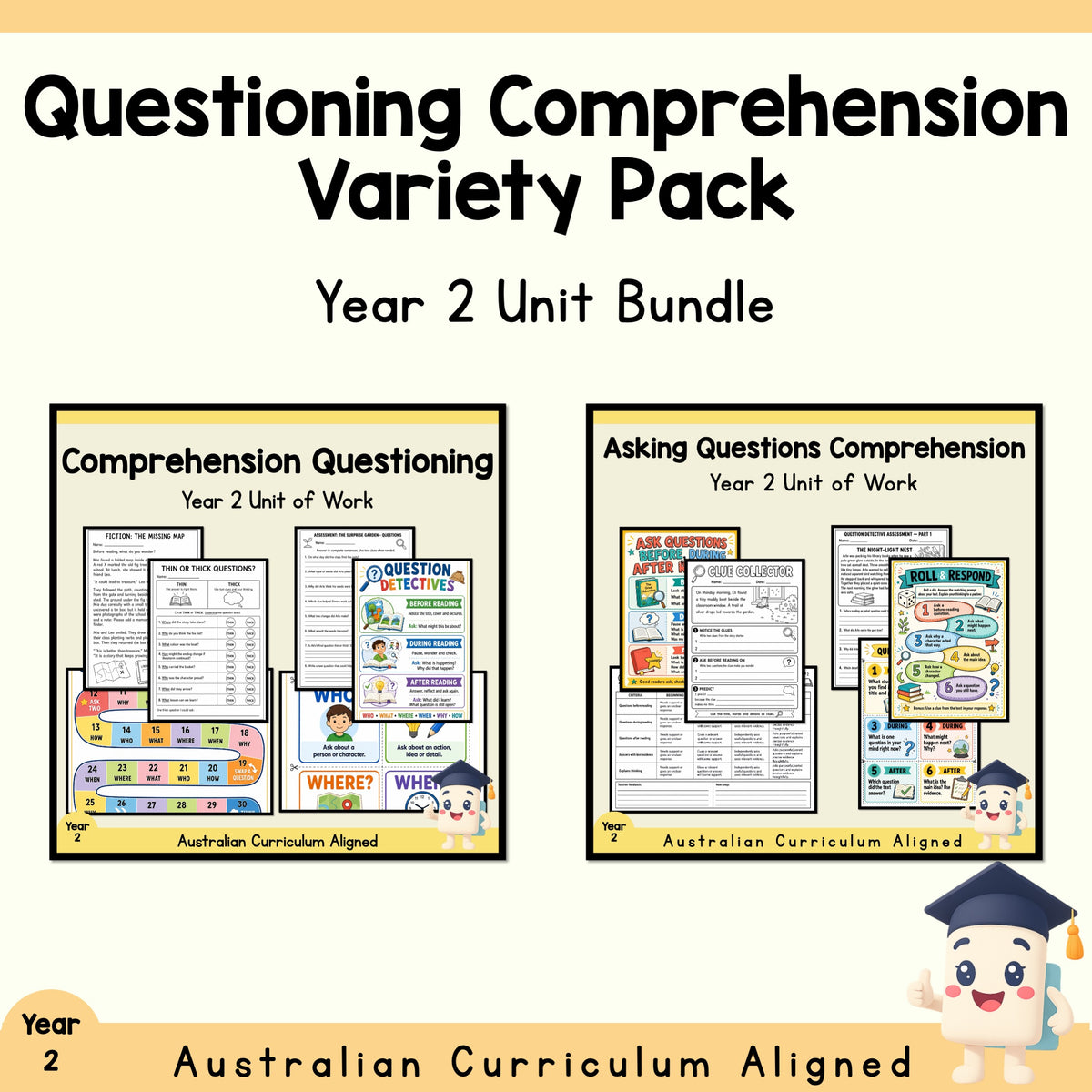 Year 2 Questioning Comprehension Variety Pack | 2 English Units cover showing every included unit