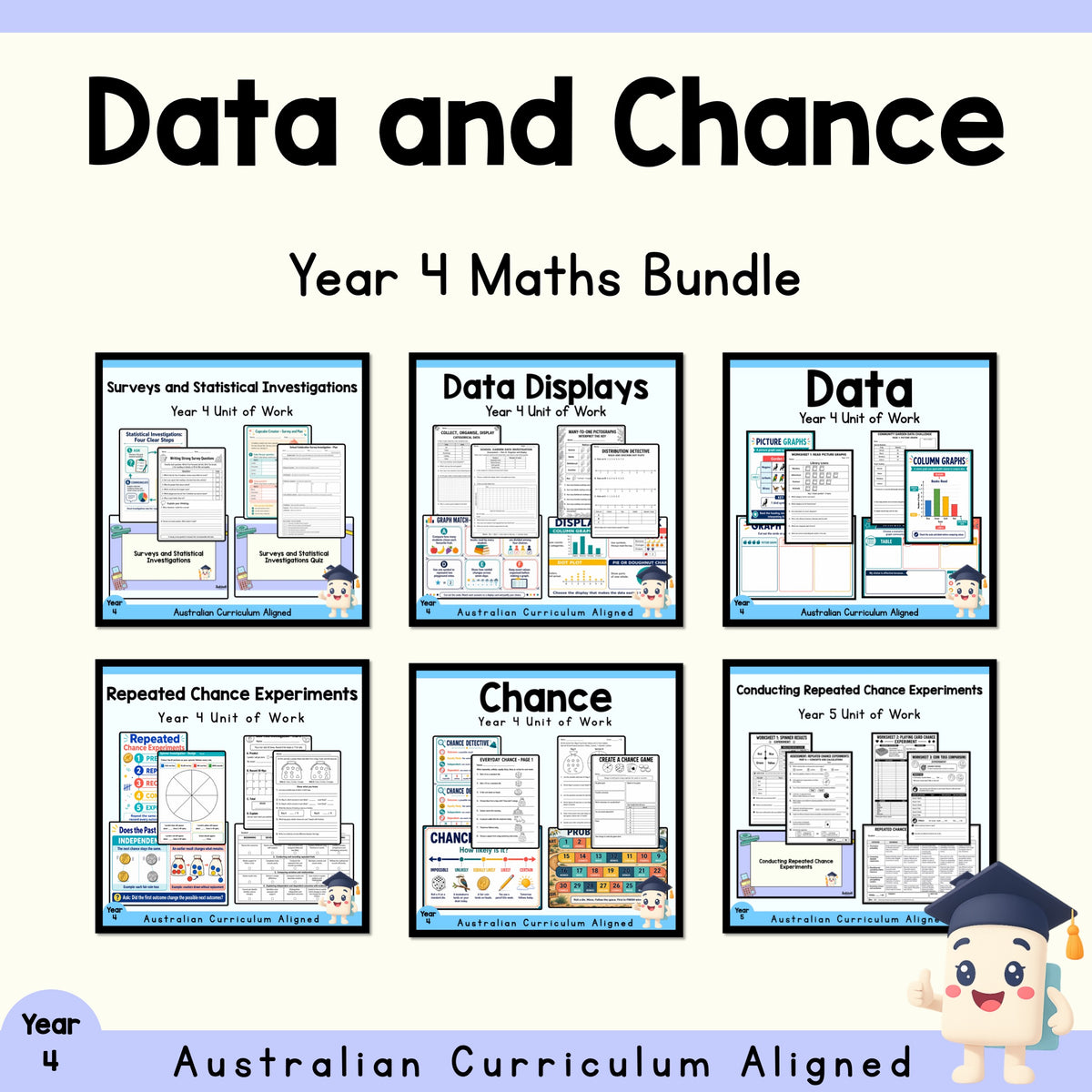 Years 4–5 Data, Chance & Paragraph Writing | 7 Unit Bundle cover showing every included unit