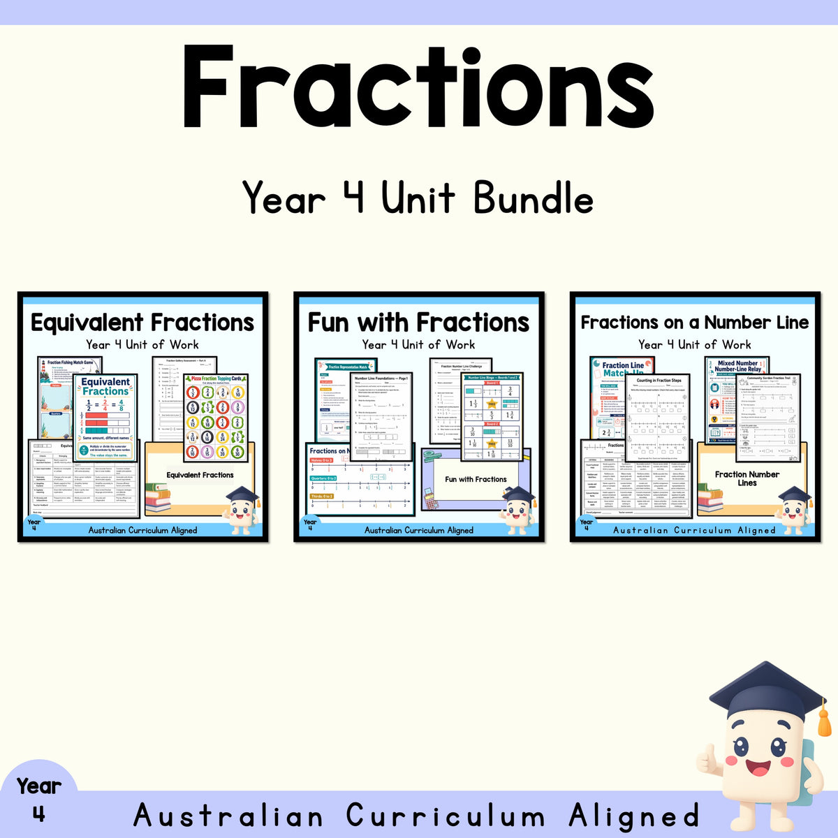 Year 4 Fractions Unit Variety Pack | 3 Maths Units cover showing every included unit