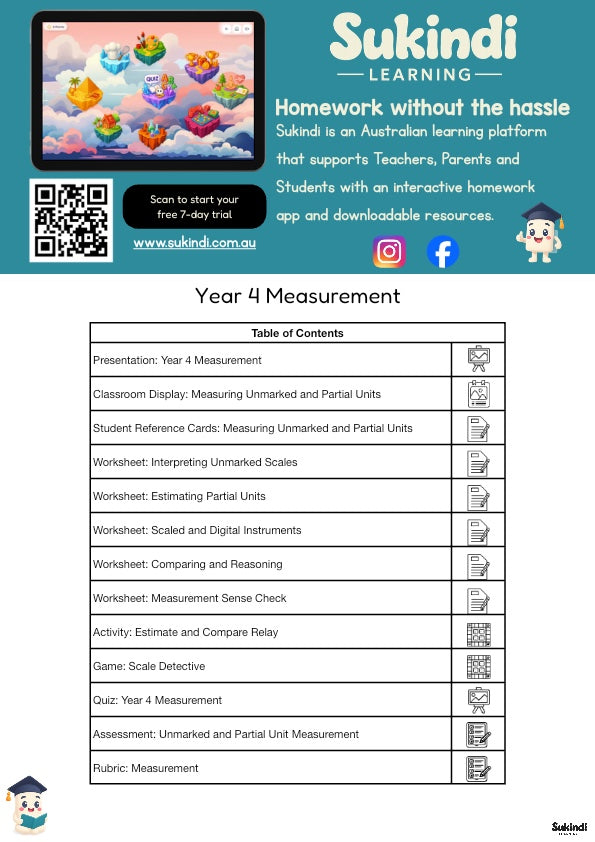 Year 4 Measurement: Unmarked Scales and Partial Units — table of contents