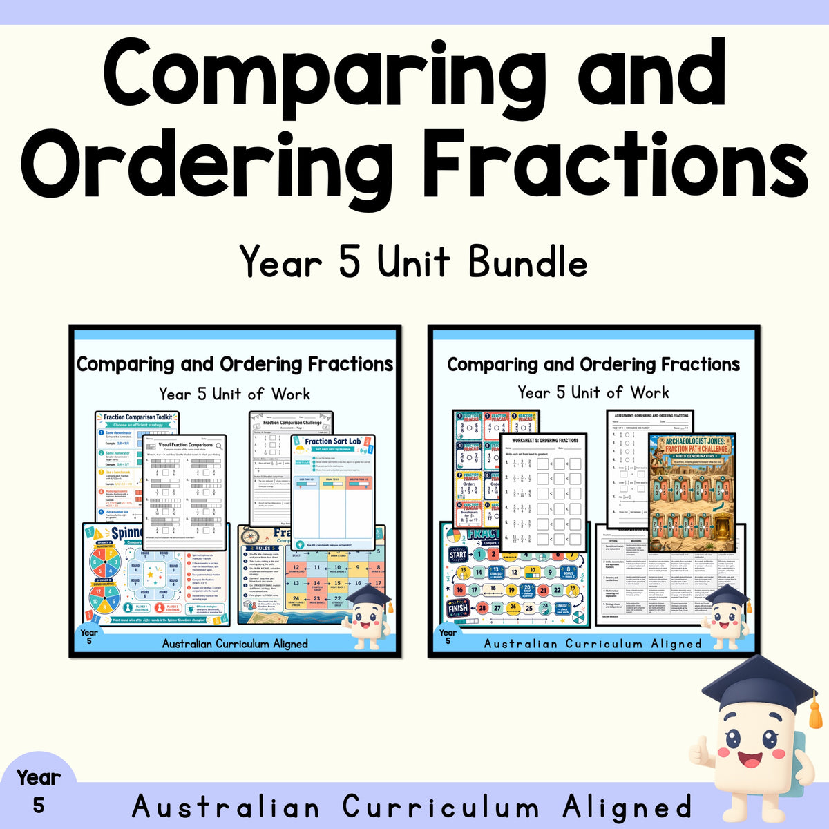 Year 5 Comparing and Ordering Fractions Variety Pack | 2 Maths Units cover showing every included unit