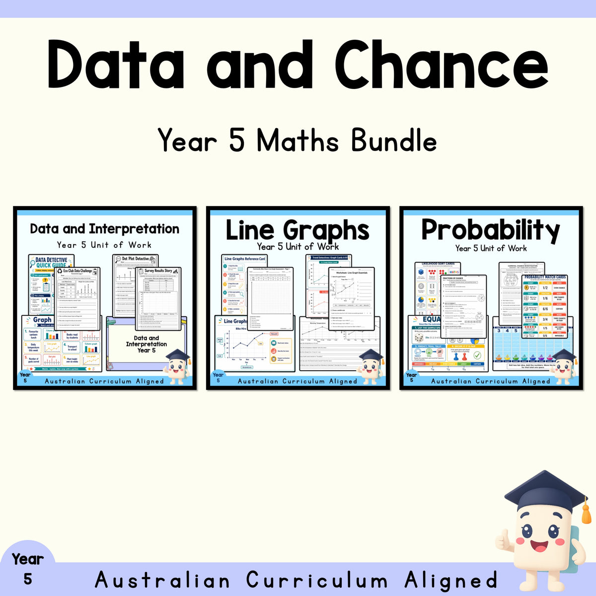 Year 5 Data, Line Graphs & Probability | 3 Maths Units Bundle cover showing every included unit