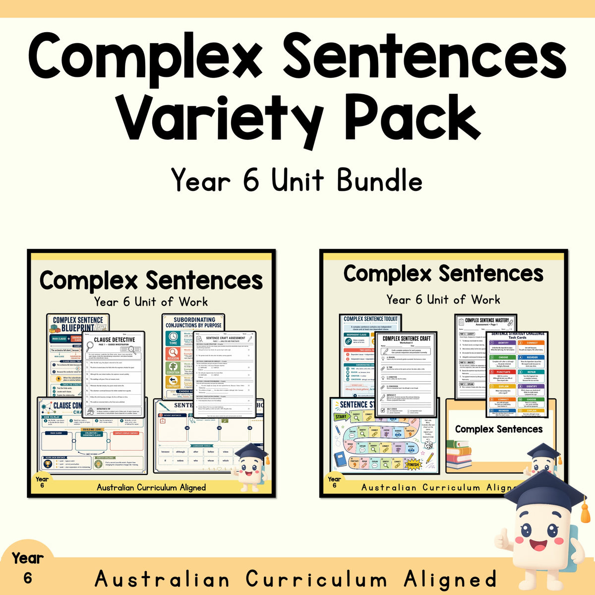 Year 6 Complex Sentences Variety Pack | 2 English Units cover showing every included unit