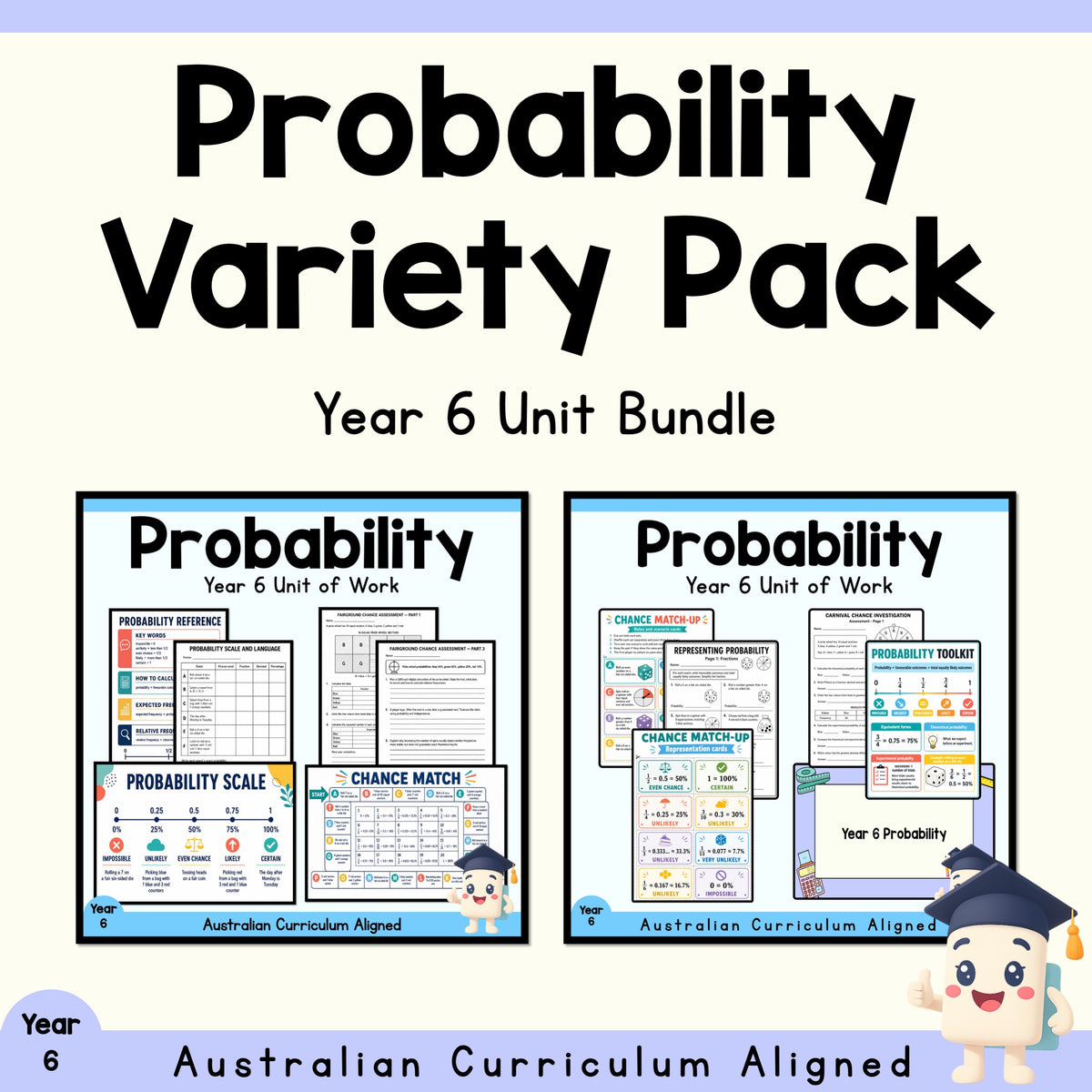 Year 6 Probability Unit Variety Pack | 2 Maths Units cover showing every included unit