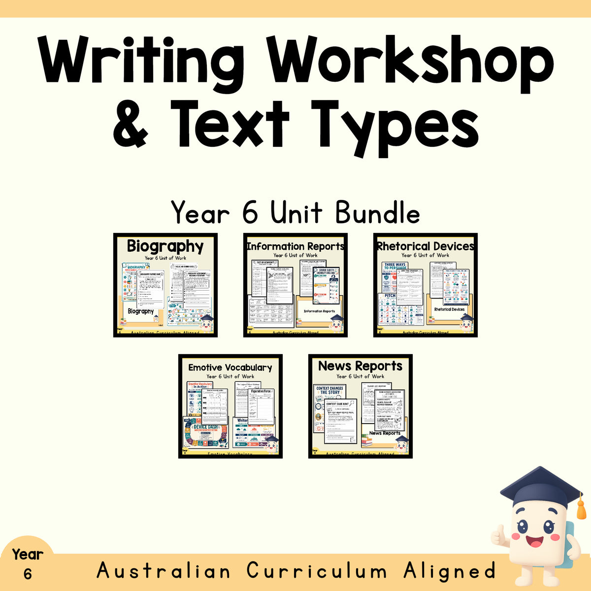 Year 6 Writing Workshop and Text Types Bundle cover showing every included unit