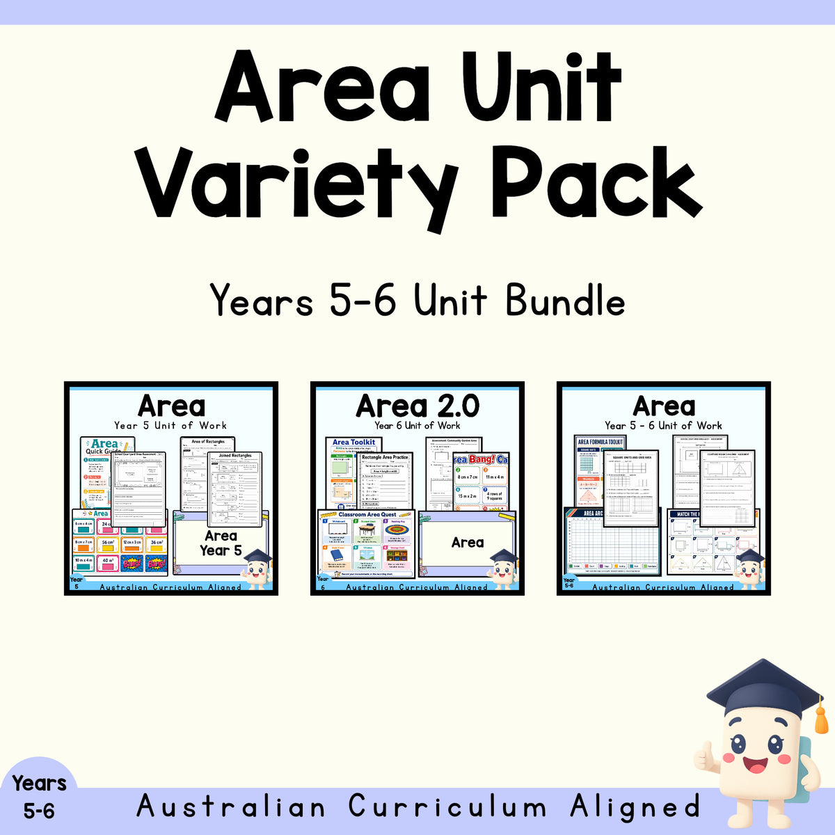 Years 5–6 Area Unit Variety Pack | 3 Maths Units cover showing every included unit